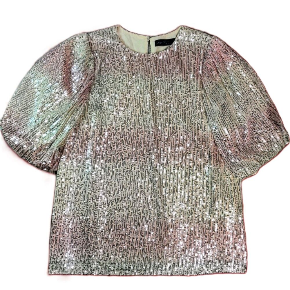 On Twelfth Sequin Top Medium Pink Silver Puff Sleeve Party Blouse